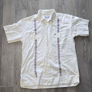 Texas Standard Guayabera Shirt White Purple Linen Blend Mens Large Prickly Pear